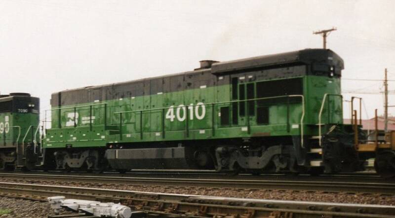 Burlington Northern Railroad number 4010, a GE B30-7AB, in Aurora, Illinois, in 1993.