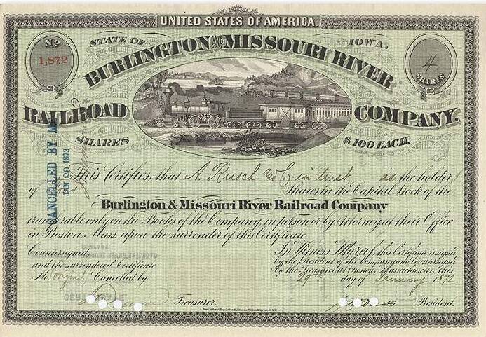 B&MR Stock certificate, cancelled 1872.