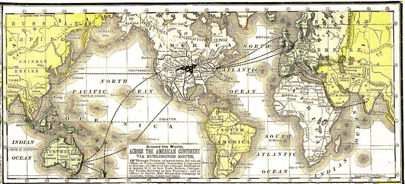 Map showing connections to harbors via the Burlington and Missouri River Railroad, 1888.