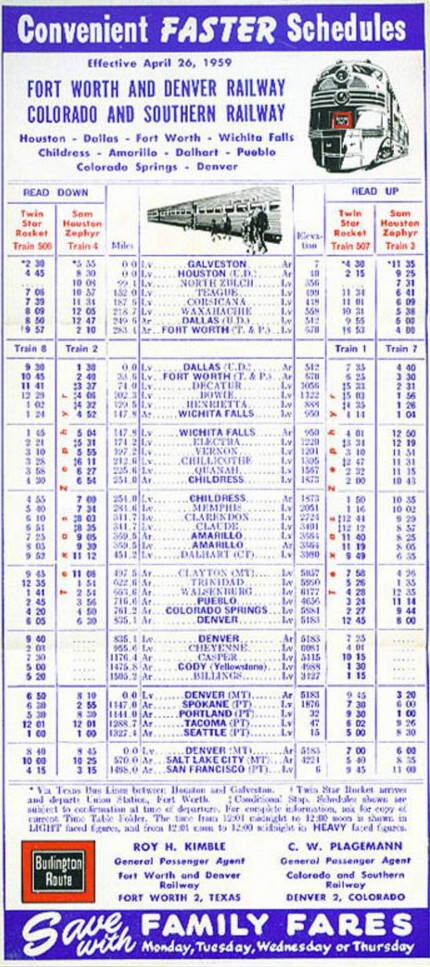 Burlington Zephyr Texas service foldout timetable 1959.