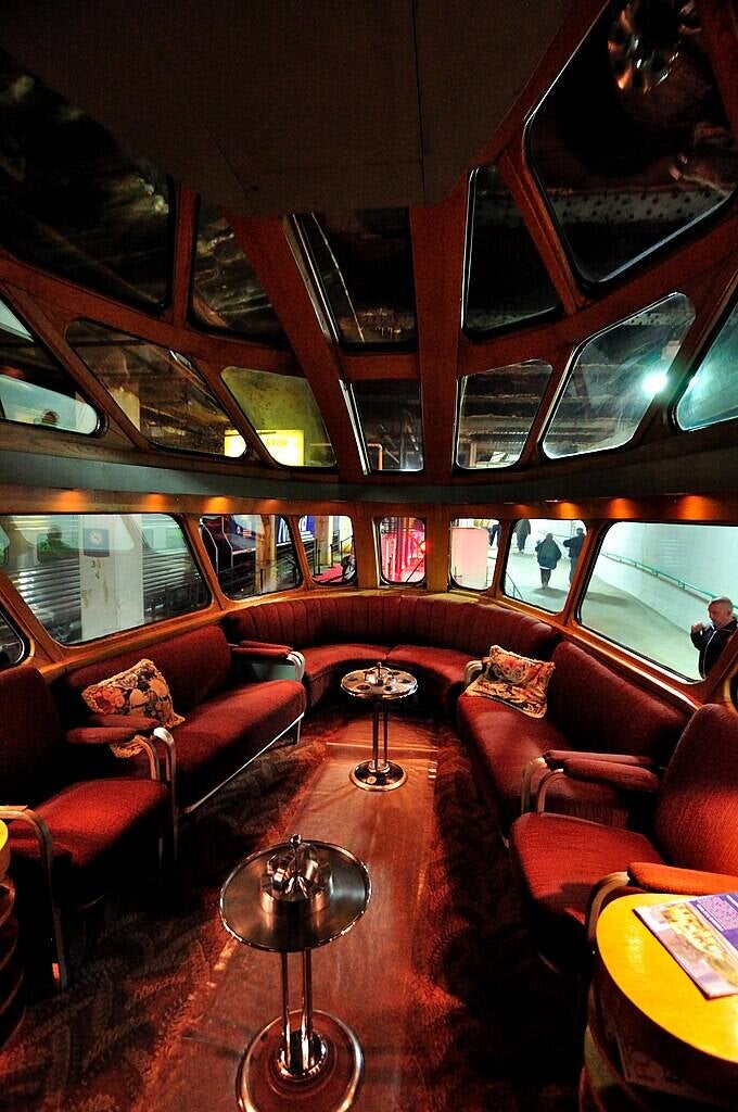 Interior of the Brooks Stevens designed Cedar Rapid Skytop Lounge Observation Car, May 8 2018.