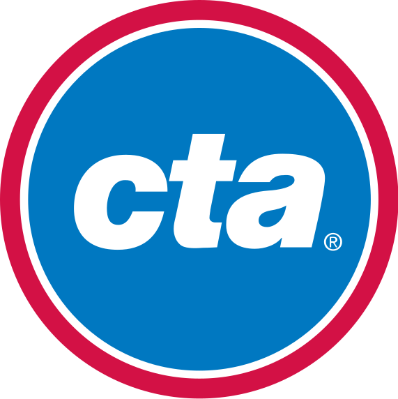 Chicago Transit Authority log. Blue circle with red ring, white lower case letters CTA in Italics.