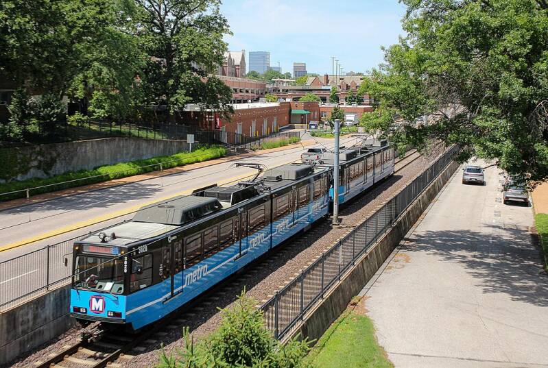 A St. Louis MetroLink train on the Blue Line.