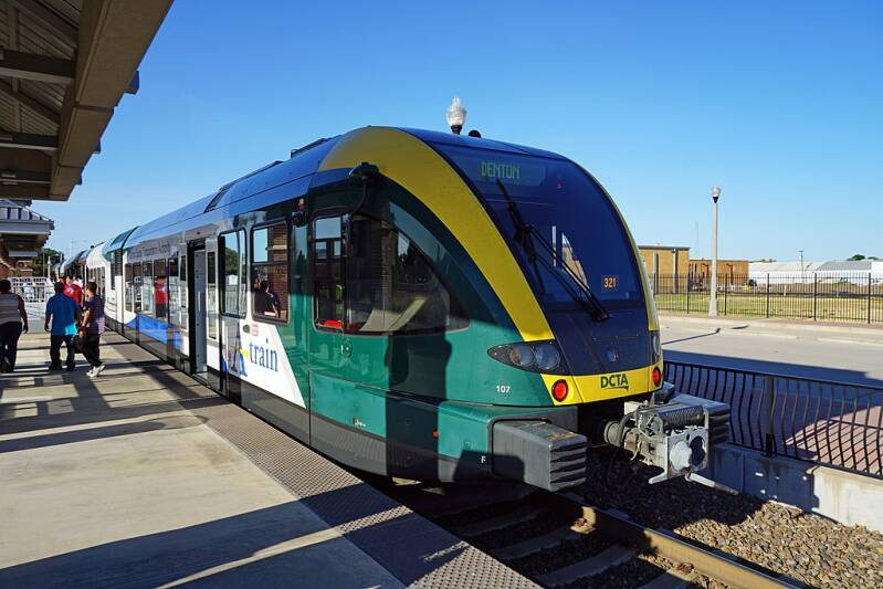 A Stadler GTW 2/6 at Downtown Denton Transit Center in September of 2015.