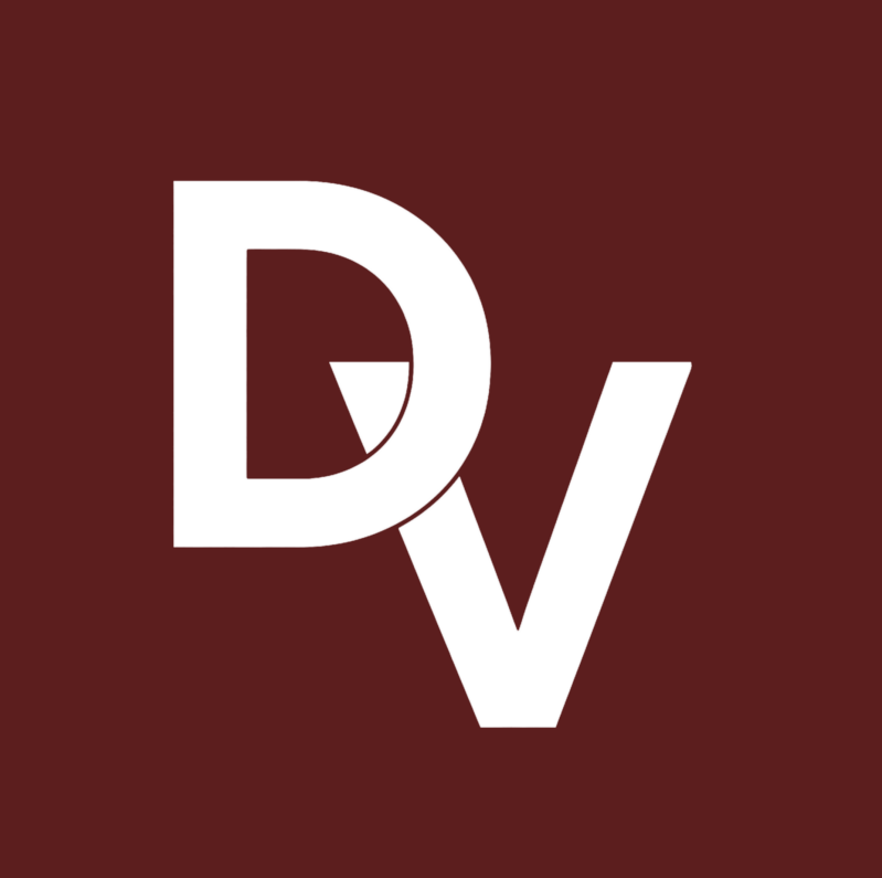 DV logo maroon background and white letters DV
