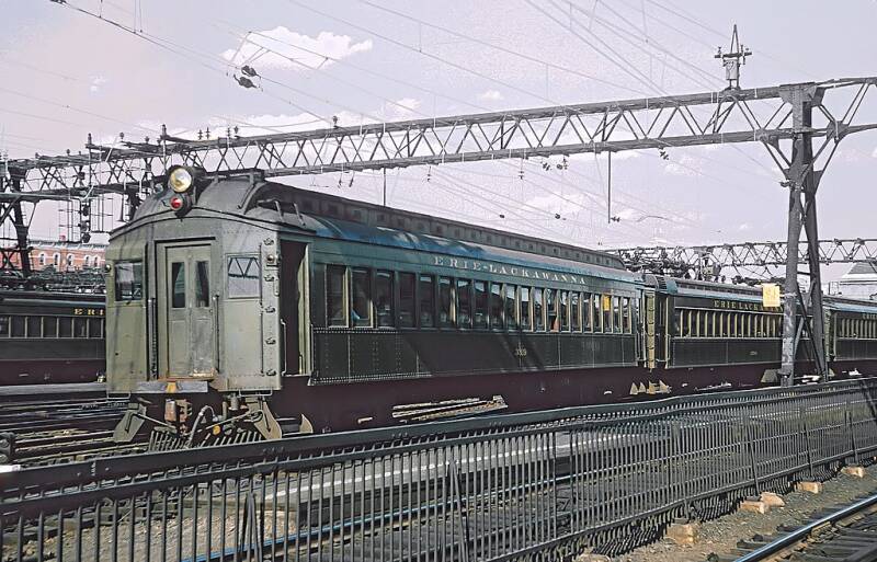 An Erie Lackawanna commuter train arriving at Hoboken in November 1978.
