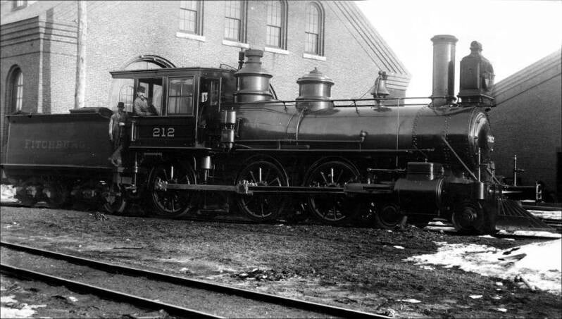 A locomotive of the Fitchburg railroad in Keene, New Hampshire in the mid to late 1800s.