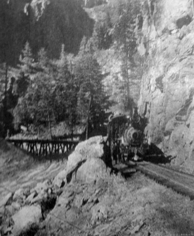 Photo of one of the line's trains in Phantom Canyon.