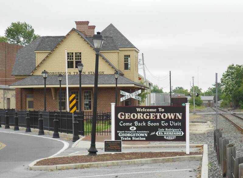 Historic railway station in Georgetown, Delaware, located South of the track formerly used by the Queen Anne's Railroad.