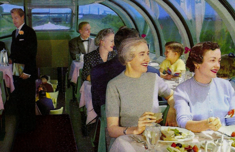 The upper-level dining area in an Astra Dome dining car.