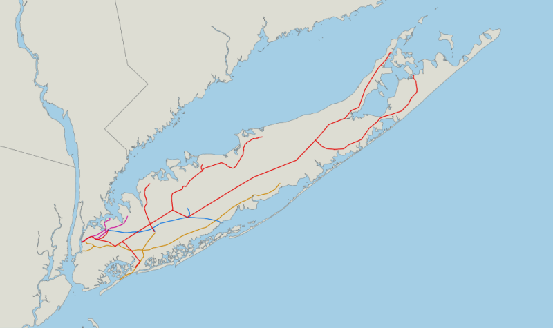 In 1876, the original LIRR (red) was combined with the Southern (orange) and Flushing, North Shore and Central (purple and blue). 