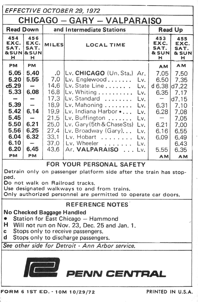Penn Central timetable 1972.