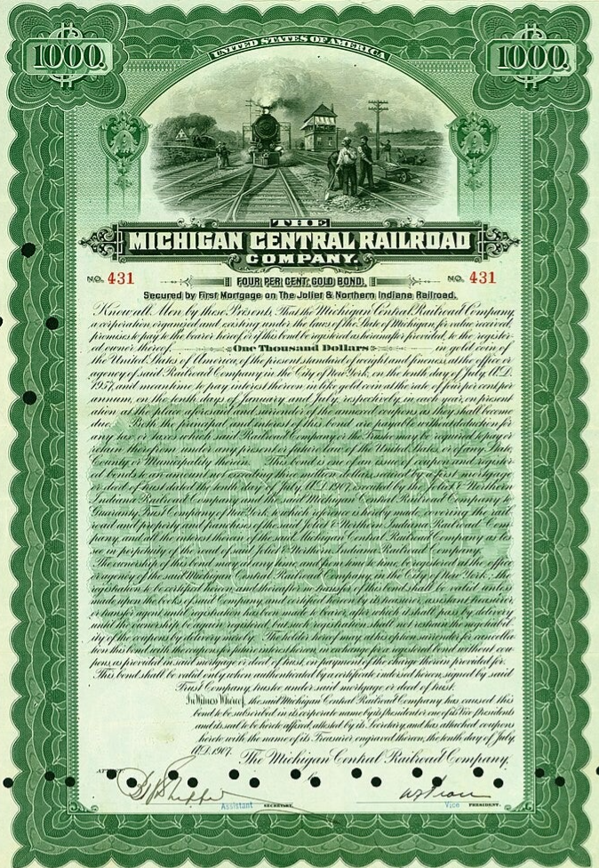 Gold Bond of the Michigan Central Railroad Company, issued 10 July 1907.