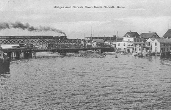 A train crosses the Norwalk River, 1914.