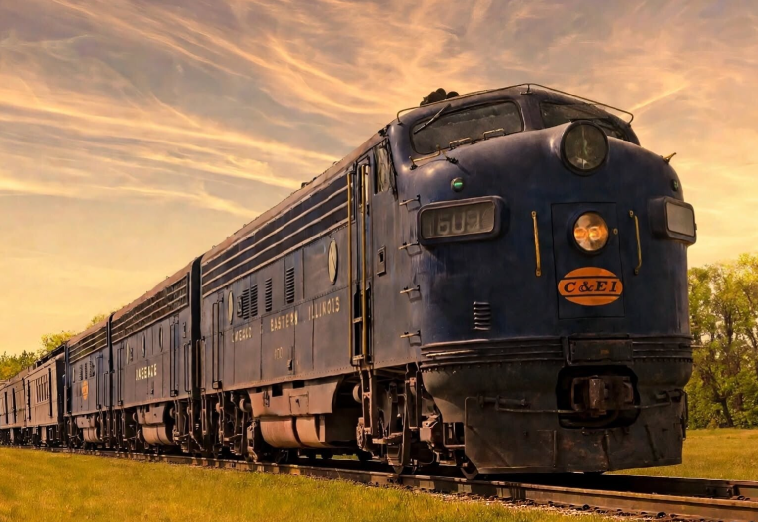three blue locomotives pulling express, mail, and bagga