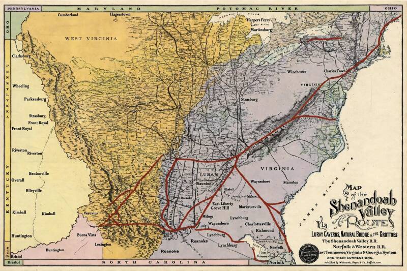 A map featuring Virginia and West Virginia with railroad lines depicted in red.