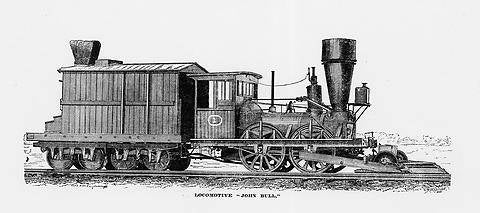 The John Bull as it appeared in 1877, with a cab, leading truck, cowcatcher and wider funnel.