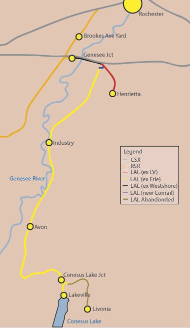 Livonia, Avon and Lakeville Railroad System Map.