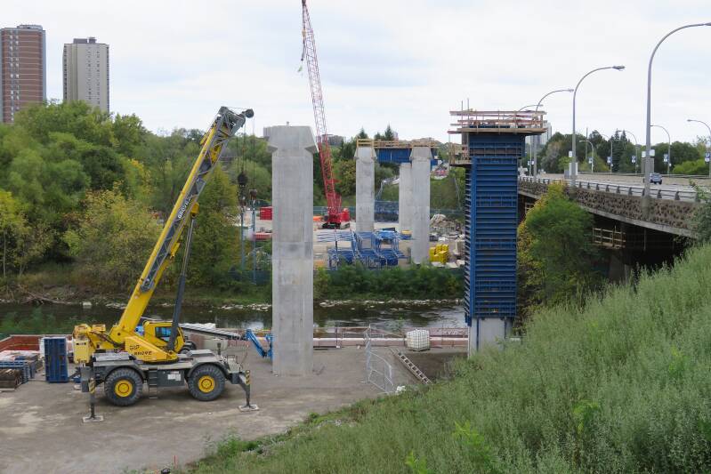 Construction of Humber River bridge piers in October 2025.