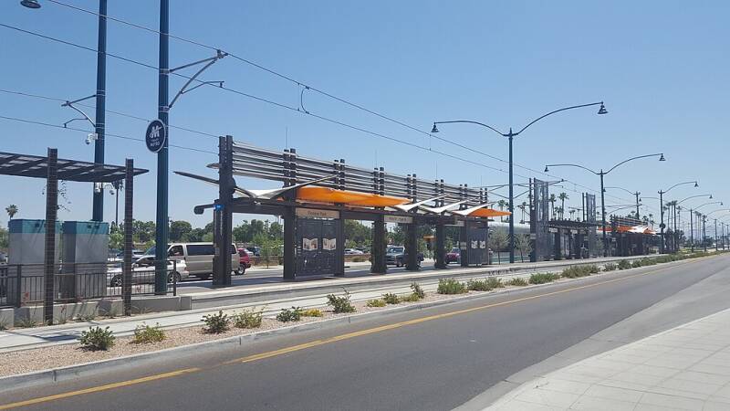 The Mesa Dr/Main Street station was the light rail line's eastern terminus until the Gilbert Road Extension opened in 2019.