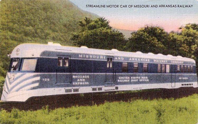 A streamlined motorcar of the Missouri and North Arkansas Railway.