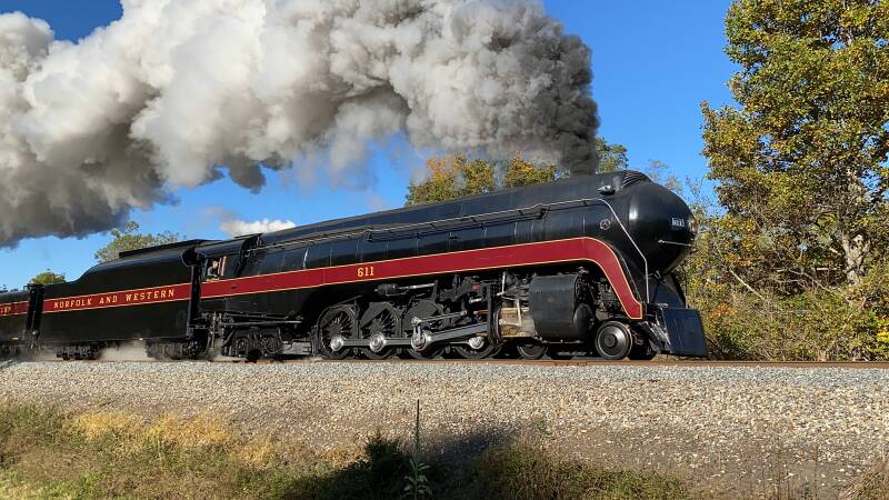 No. 611 passing through Craigsville, Virginia, pulling the Shenandoah Valley Limited excursion on October 13, 2023.