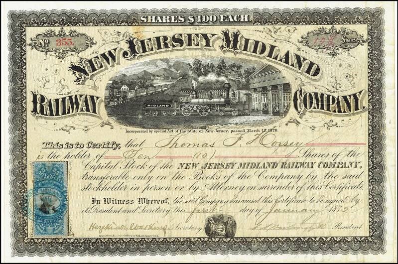 Share of the New Jersey Midland Railway Company, issued 1 January 1872.