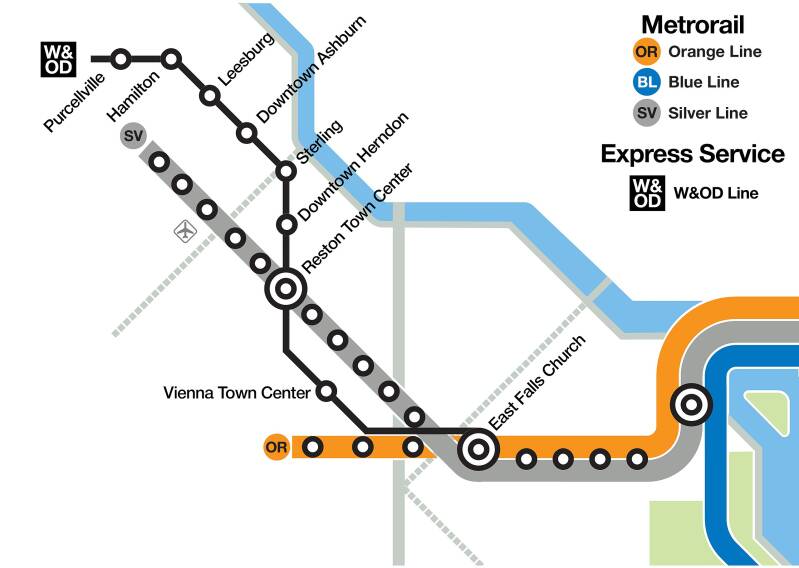 Stylized map of NOVA-TRAC's W&OD commuter rail proposal. Shows WMATA Metro Lines with W&OD rail line and stations added in Purcellville, Hamilton, Leesburg, Ashburn, Sterling, Herndon and Vienna.