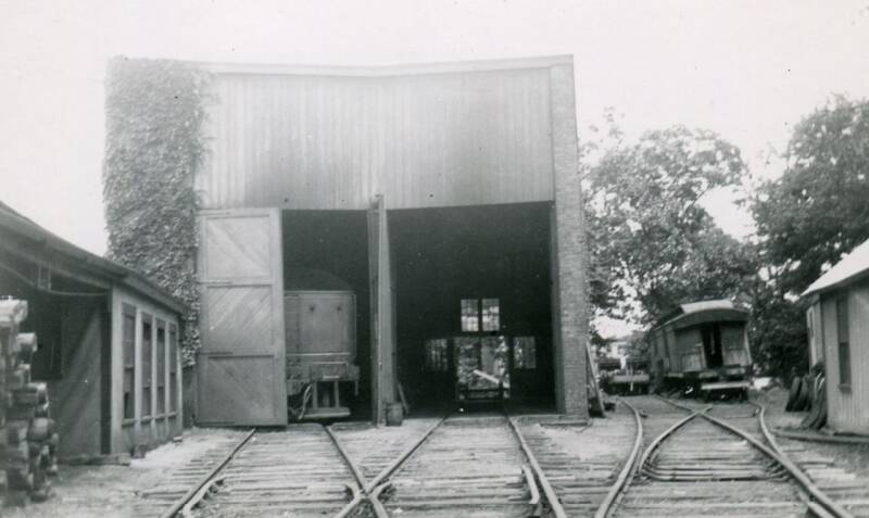 The railroad's two-stall roundhouse in 1936, located adjacent to Peace Dale station.