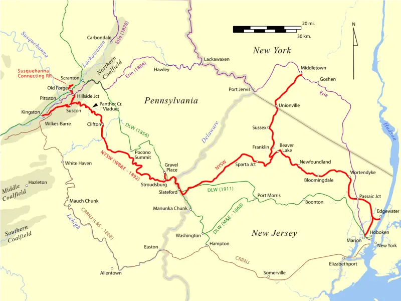 map of the NJM along with later NYSW-added extensions to the west