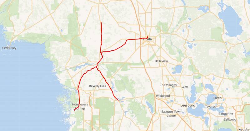 Map of the Silver Springs, Ocala and Gulf Railroad.