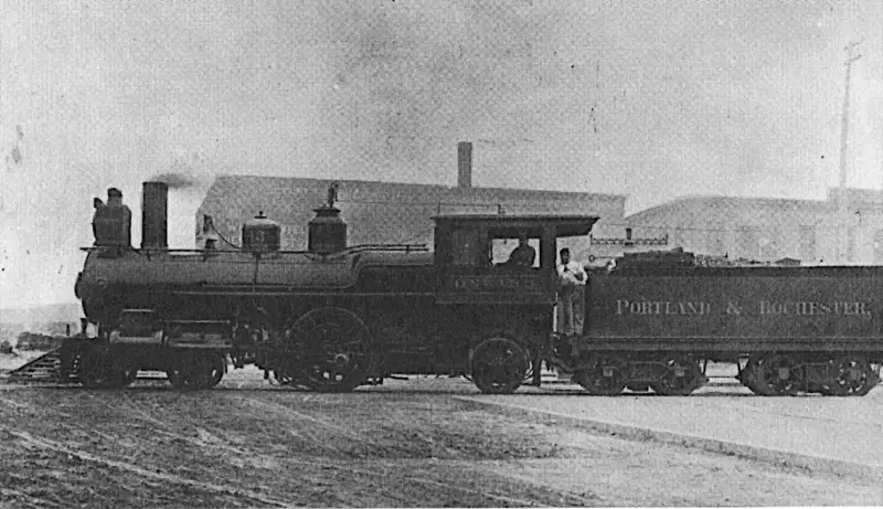 "Onward", a 4-2-2 locomotive of the Portland and Rochester Railroad.