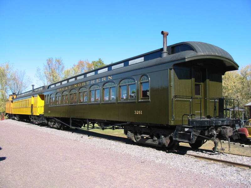 Restored clerestory cars on display at the Mid-Continent Railway Museum in North Freedom, Wisconsin.