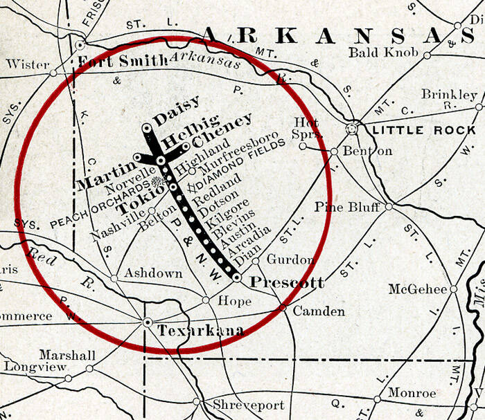 Map of Prescott and Northwestern Railroad.