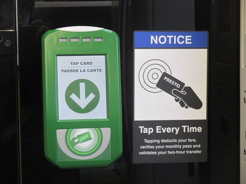 An older Presto media reader. Readers are located at all Flexity Outlook streetcar doors for Presto card and Presto ticket customers.