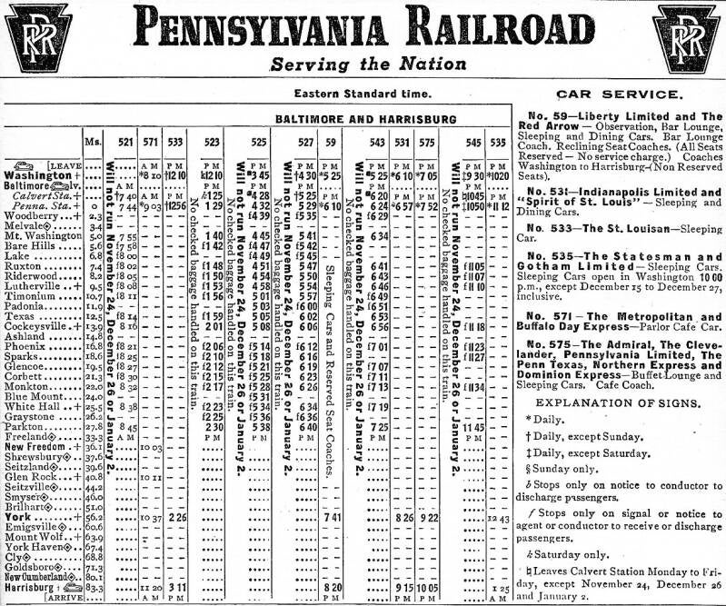 Pennsylvania Railroad schedule on the Northern Central line, 1955.