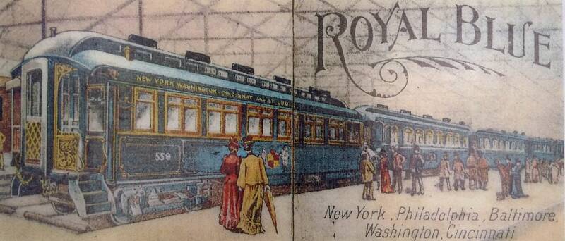 B&O Railroad advertisement for its Royal Blue Line deluxe train service between New York-Philadelphia-Baltimore-Washington, circa 1898.