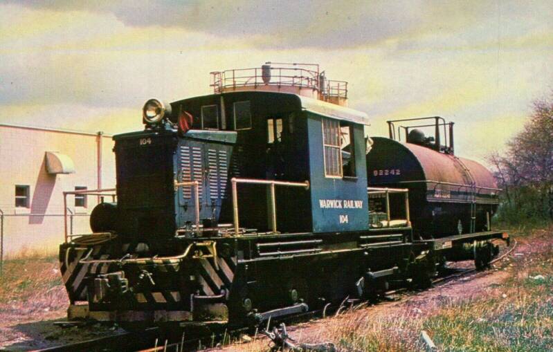 Warwick Railway 104 hauls a tank car in Cranston. Photo Courtesy Ronald N. Johnson.