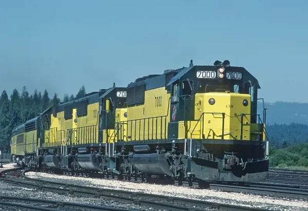 CNW 7000, 7001, and 7002 SD50s at Portola, CA in August 1986 5 x 7 Photo
