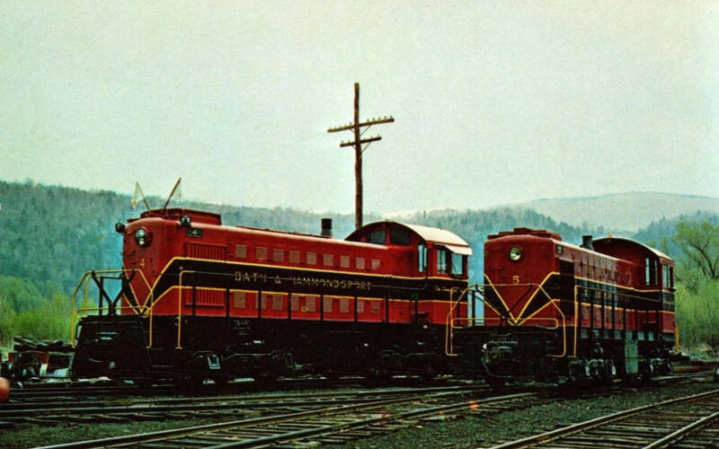 Two Bath & Hammondsport Railroad Alcos in the Hammondsport Yard in 1971.