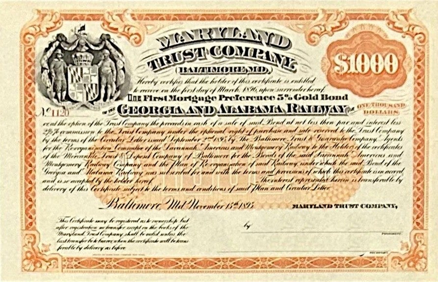 Georgia and Alabama Railway $1000 First Mortgage 5% Gold Bond, 1895.
