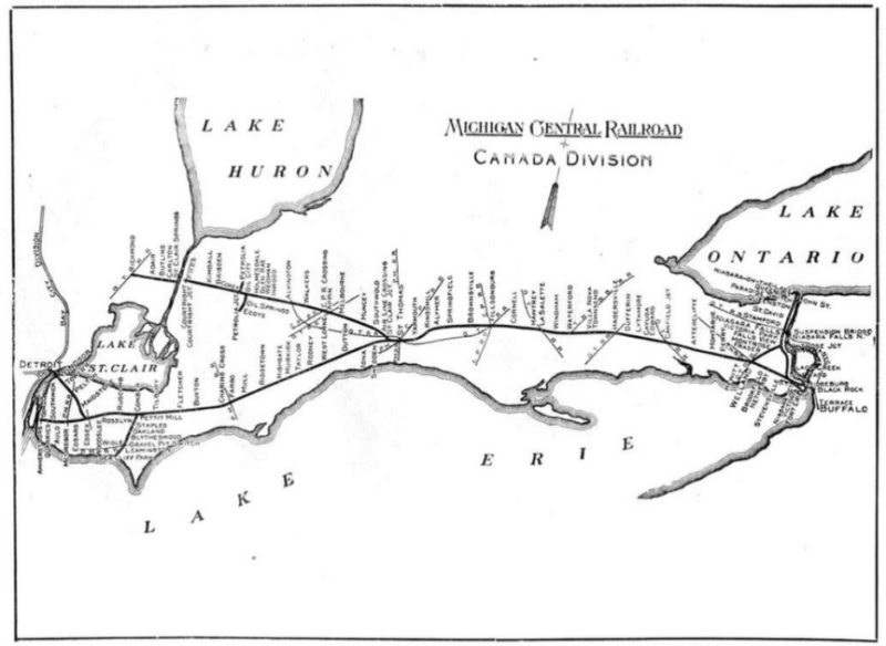 a black and white map showing railroads near the Great Lakes