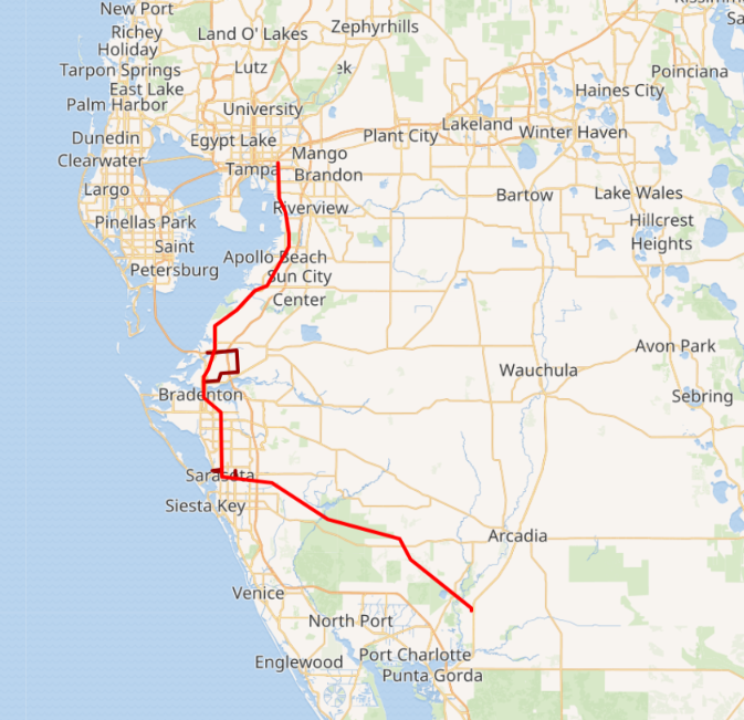 a map of Florida's west coast with a red line depicting a railroad track