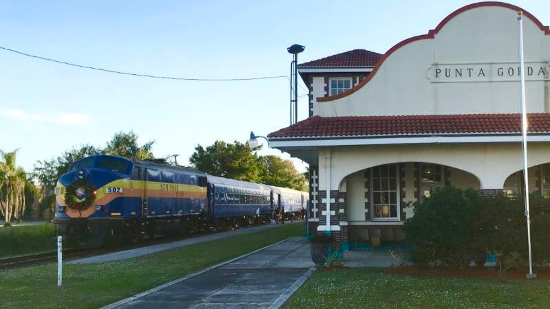 Seminole Gulf's Christmas Rail-Boat at Punta Gorda Depot in 2019.