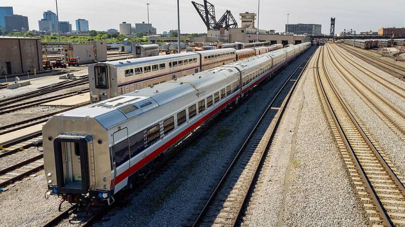 A line of Amtrak Midwest Siemens Venture cars in Chicago's 14th Street Coach Yard.