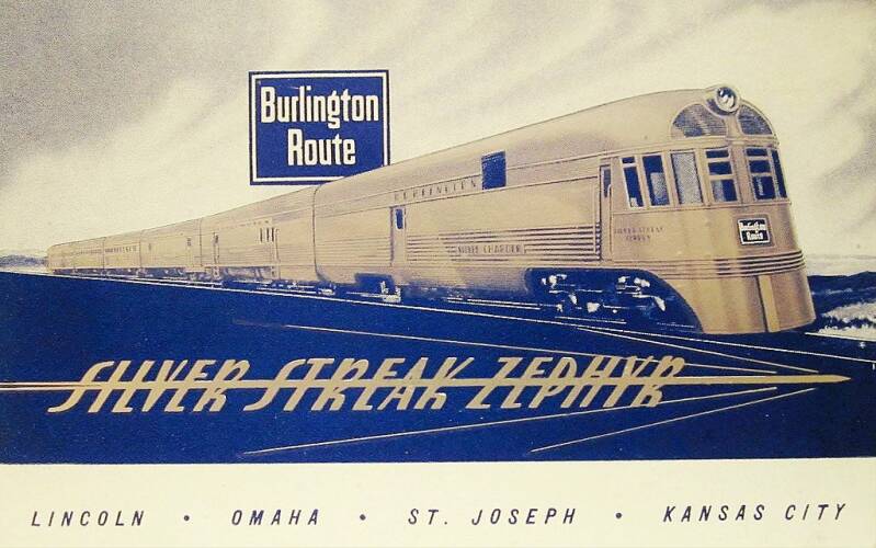 Postcard depiction of the Burlington Route's Silver Streak Zephyr which traveled between Lincoln, Nebraska and Kansas City.
