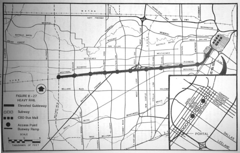 Proposed alignment of the Southwest/Westpark corridor, Heavy Rail alternative including subway under Fannin.