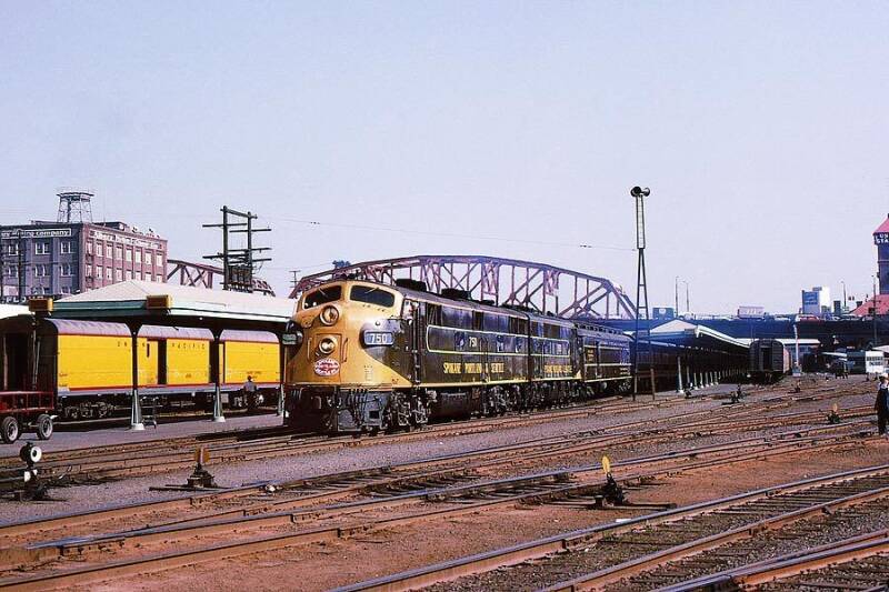 Spokane, Portland & Seattle (SP&S) Railroad No. 750, an E-7A with a matching F-7A unit  pulling the Great Northern's "Empire Builder"  at Portland, Oregon, 1963.