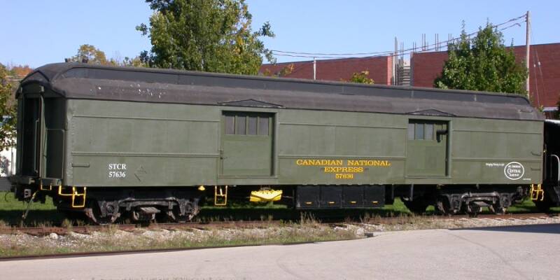 St. Thomas Central Railway No. 57636, a restored CN express baggage car, October 13, 2003, at Waterloo, ON.