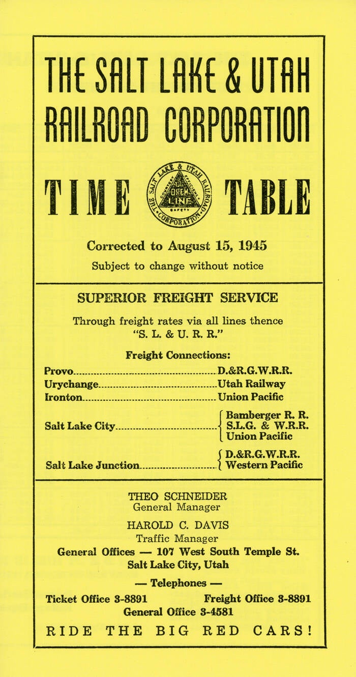 The Salt Lake and Utah Railroad's timetable 45.